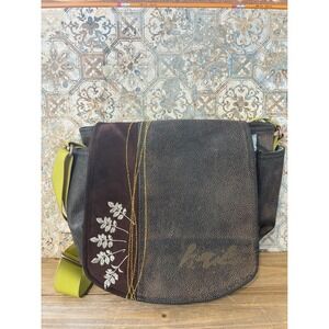 Haiku Sharon Eisenhauer Brown Textured Messenger Bag Embroidery Crossbody